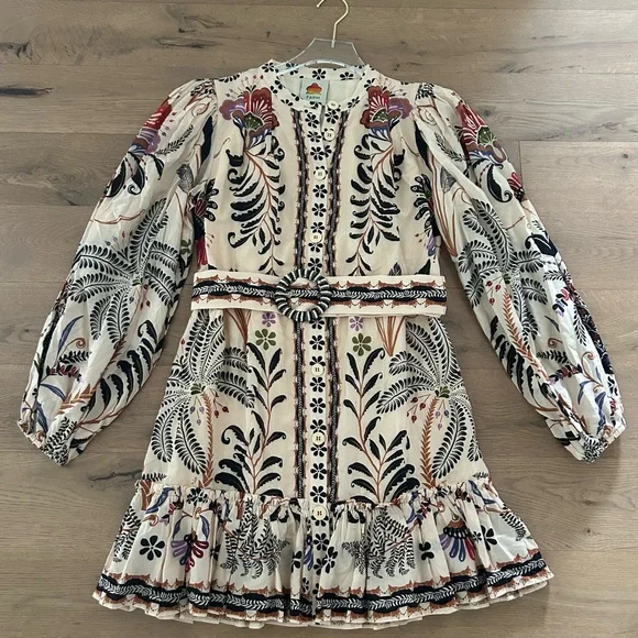 FARM RIO Nature Mini Dress Romantic Bead Belt Maximalist Puff Beige Size Medium - Picture 2 of 16